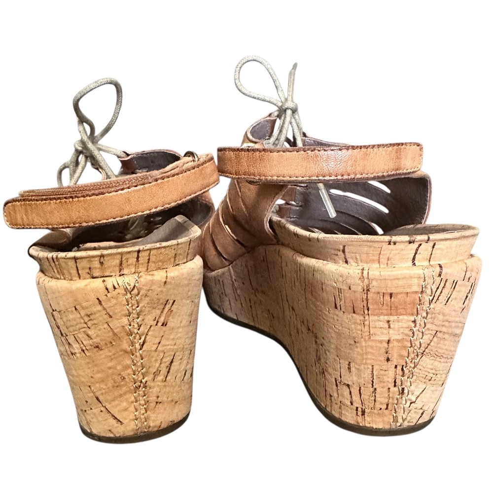 Abeo Slingback Wedge Sandals Women 8 Tan Leather Lace Up Cork Platform - Picture 7 of 9
